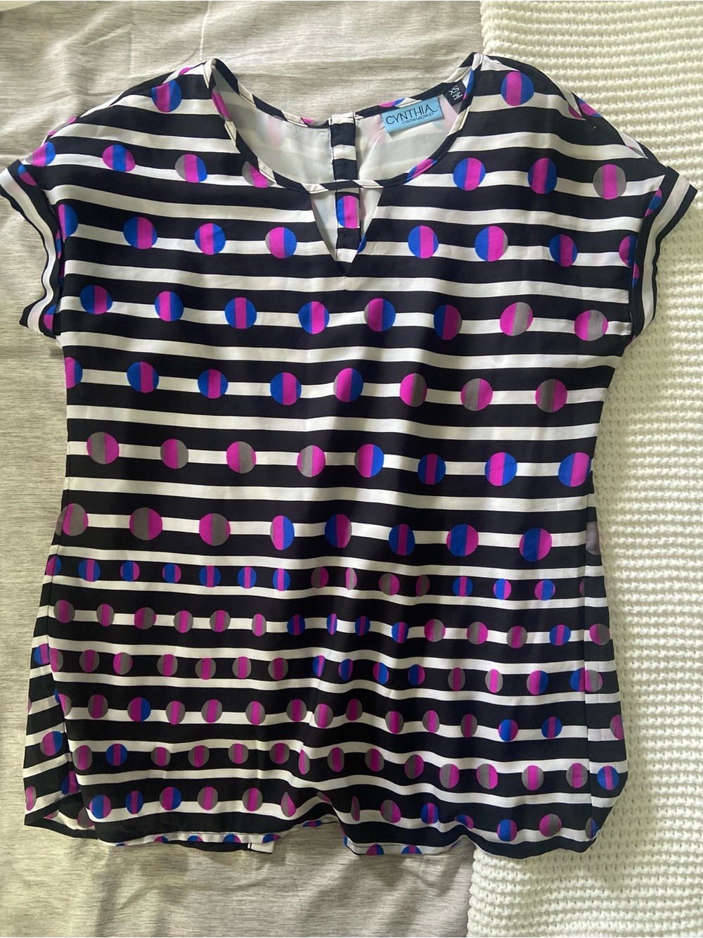 Cynthia Rowley Black Striped Blouse with Pink & Blue Dot Print